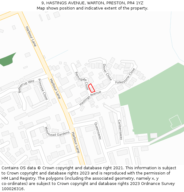 9, HASTINGS AVENUE, WARTON, PRESTON, PR4 1YZ: Location map and indicative extent of plot