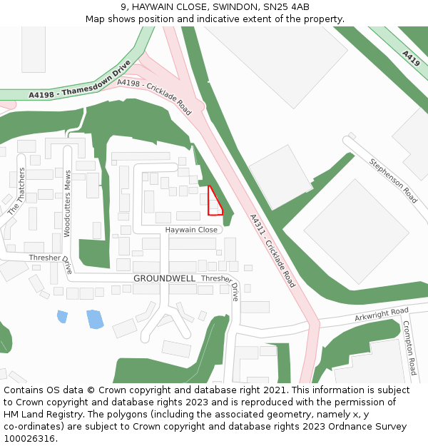 9, HAYWAIN CLOSE, SWINDON, SN25 4AB: Location map and indicative extent of plot
