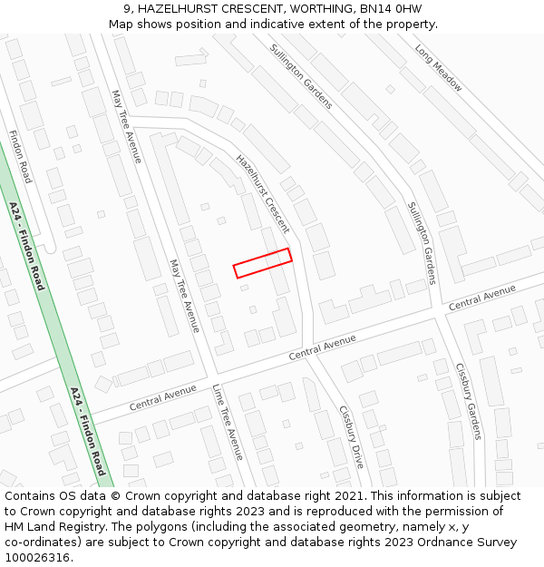 9, HAZELHURST CRESCENT, WORTHING, BN14 0HW: Location map and indicative extent of plot