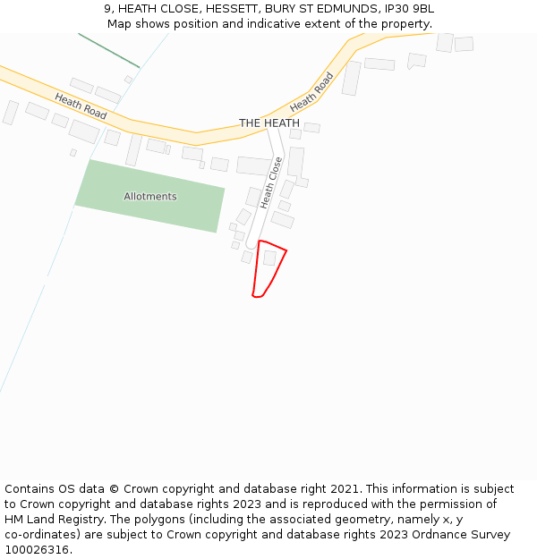 9, HEATH CLOSE, HESSETT, BURY ST EDMUNDS, IP30 9BL: Location map and indicative extent of plot