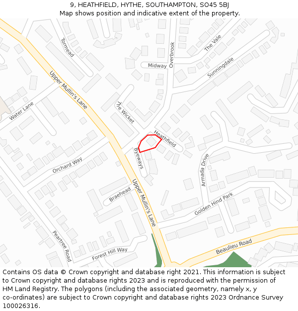 9, HEATHFIELD, HYTHE, SOUTHAMPTON, SO45 5BJ: Location map and indicative extent of plot