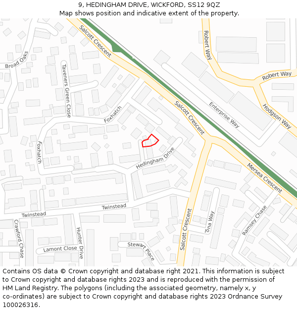 9, HEDINGHAM DRIVE, WICKFORD, SS12 9QZ: Location map and indicative extent of plot