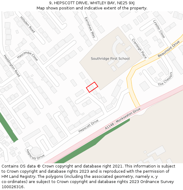 9, HEPSCOTT DRIVE, WHITLEY BAY, NE25 9XJ: Location map and indicative extent of plot
