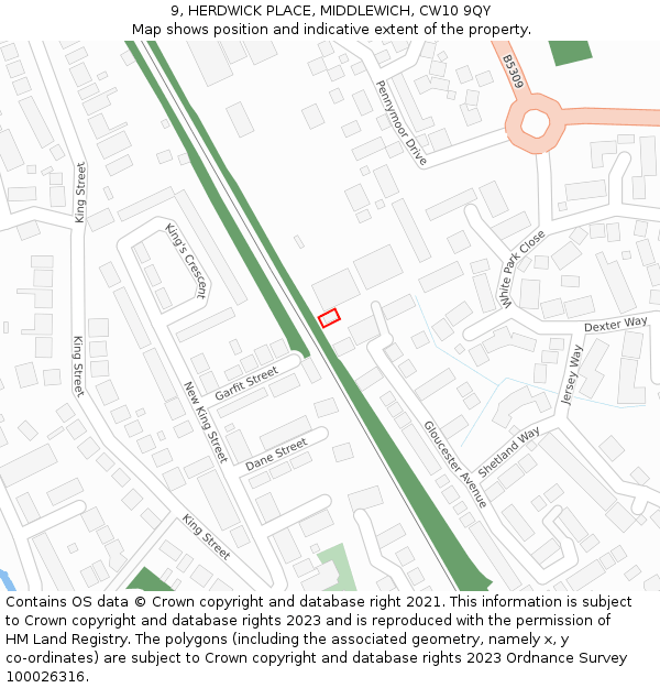 9, HERDWICK PLACE, MIDDLEWICH, CW10 9QY: Location map and indicative extent of plot