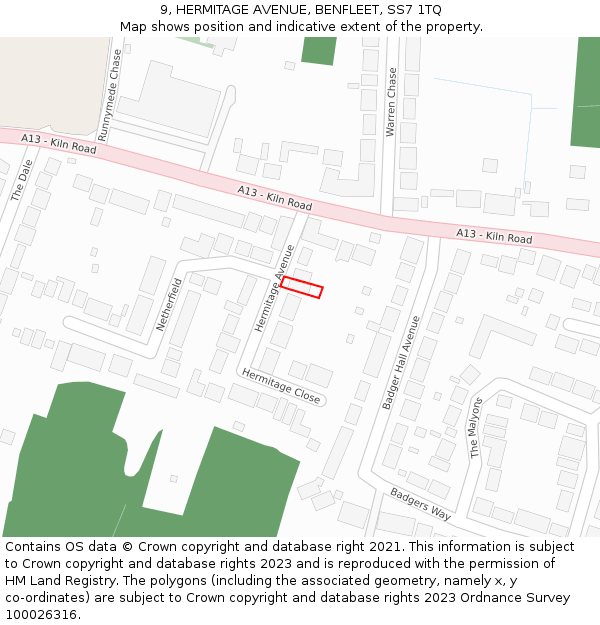 9, HERMITAGE AVENUE, BENFLEET, SS7 1TQ: Location map and indicative extent of plot