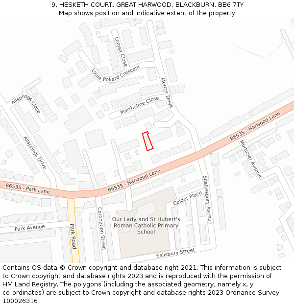 9, HESKETH COURT, GREAT HARWOOD, BLACKBURN, BB6 7TY: Location map and indicative extent of plot