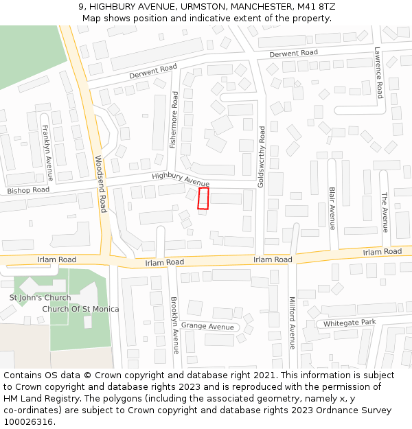 9, HIGHBURY AVENUE, URMSTON, MANCHESTER, M41 8TZ: Location map and indicative extent of plot