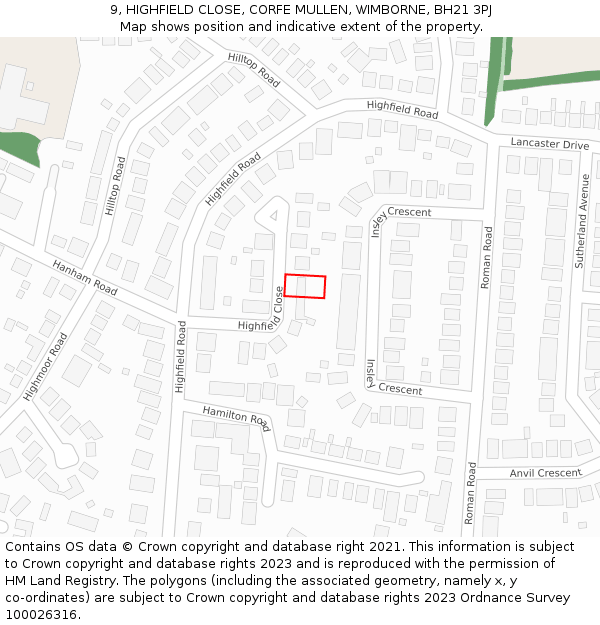 9, HIGHFIELD CLOSE, CORFE MULLEN, WIMBORNE, BH21 3PJ: Location map and indicative extent of plot