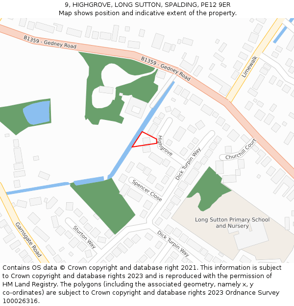 9, HIGHGROVE, LONG SUTTON, SPALDING, PE12 9ER: Location map and indicative extent of plot