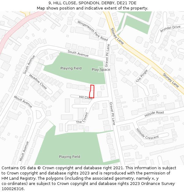 9, HILL CLOSE, SPONDON, DERBY, DE21 7DE: Location map and indicative extent of plot