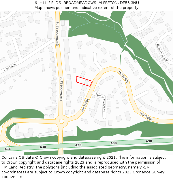 9, HILL FIELDS, BROADMEADOWS, ALFRETON, DE55 3NU: Location map and indicative extent of plot