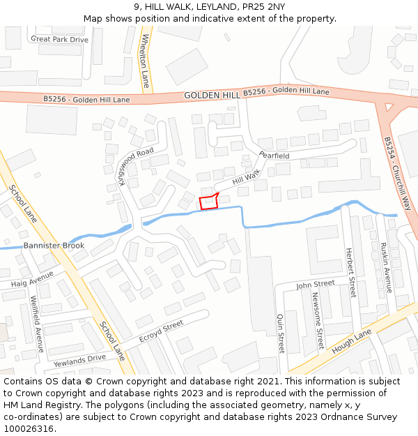 9, HILL WALK, LEYLAND, PR25 2NY: Location map and indicative extent of plot