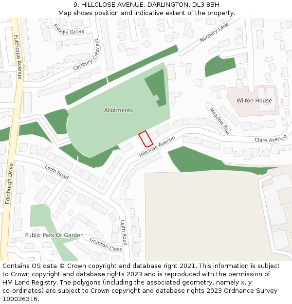 9, HILLCLOSE AVENUE, DARLINGTON, DL3 8BH: Location map and indicative extent of plot