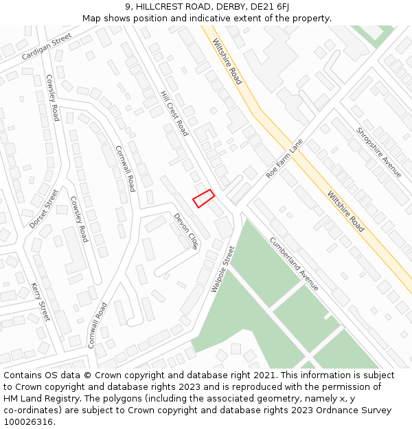 9, HILLCREST ROAD, DERBY, DE21 6FJ: Location map and indicative extent of plot