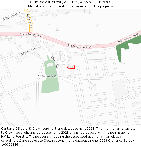 9, HOLCOMBE CLOSE, PRESTON, WEYMOUTH, DT3 6RR: Location map and indicative extent of plot