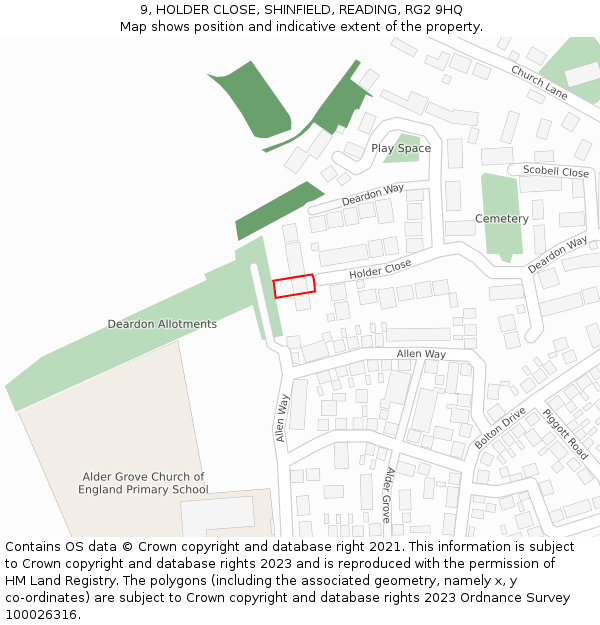 9, HOLDER CLOSE, SHINFIELD, READING, RG2 9HQ: Location map and indicative extent of plot
