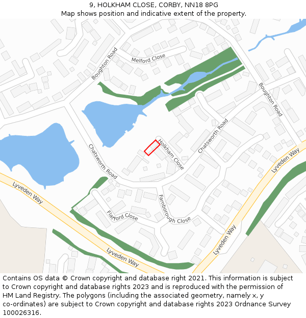 9, HOLKHAM CLOSE, CORBY, NN18 8PG: Location map and indicative extent of plot