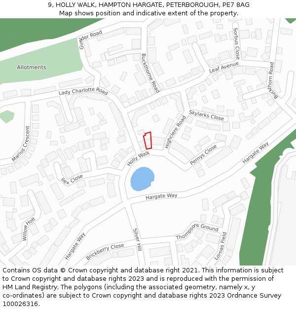 9, HOLLY WALK, HAMPTON HARGATE, PETERBOROUGH, PE7 8AG: Location map and indicative extent of plot