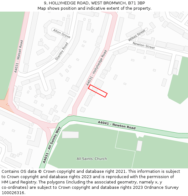 9, HOLLYHEDGE ROAD, WEST BROMWICH, B71 3BP: Location map and indicative extent of plot