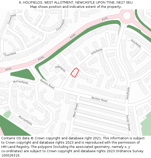 9, HOLYFIELDS, WEST ALLOTMENT, NEWCASTLE UPON TYNE, NE27 0EU: Location map and indicative extent of plot
