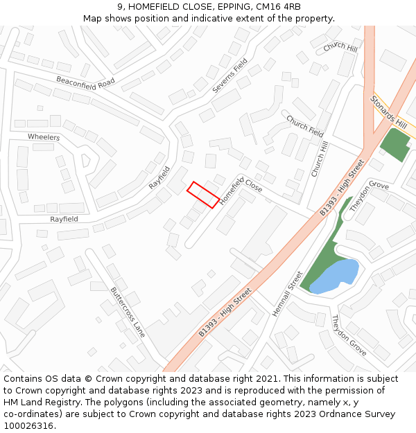9, HOMEFIELD CLOSE, EPPING, CM16 4RB: Location map and indicative extent of plot