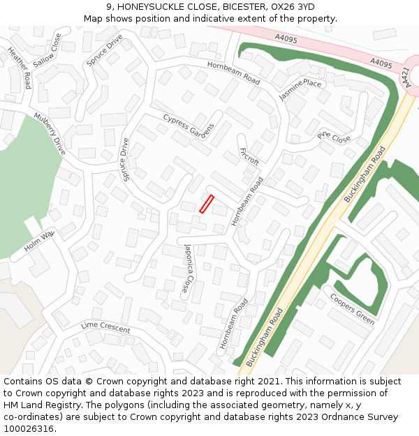 9, HONEYSUCKLE CLOSE, BICESTER, OX26 3YD: Location map and indicative extent of plot