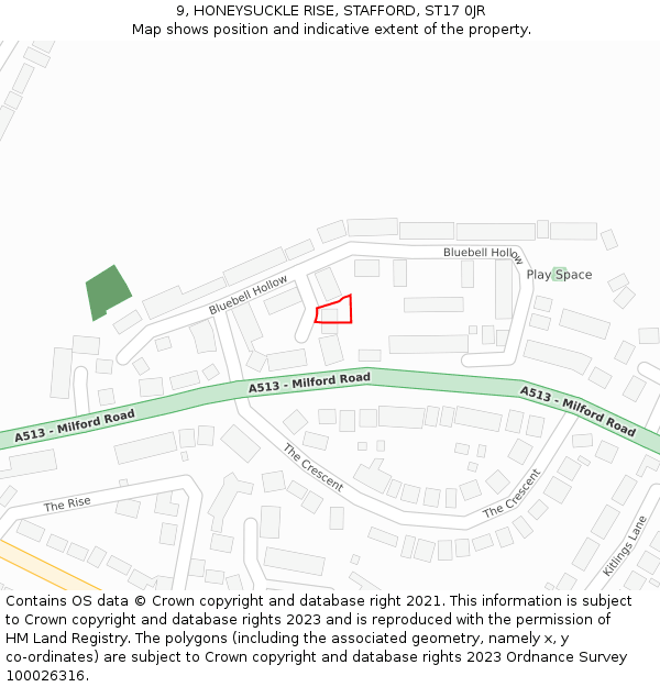 9, HONEYSUCKLE RISE, STAFFORD, ST17 0JR: Location map and indicative extent of plot