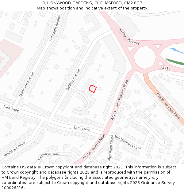 9, HONYWOOD GARDENS, CHELMSFORD, CM2 0GB: Location map and indicative extent of plot