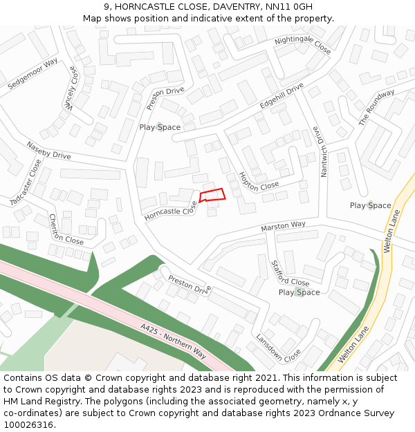 9, HORNCASTLE CLOSE, DAVENTRY, NN11 0GH: Location map and indicative extent of plot