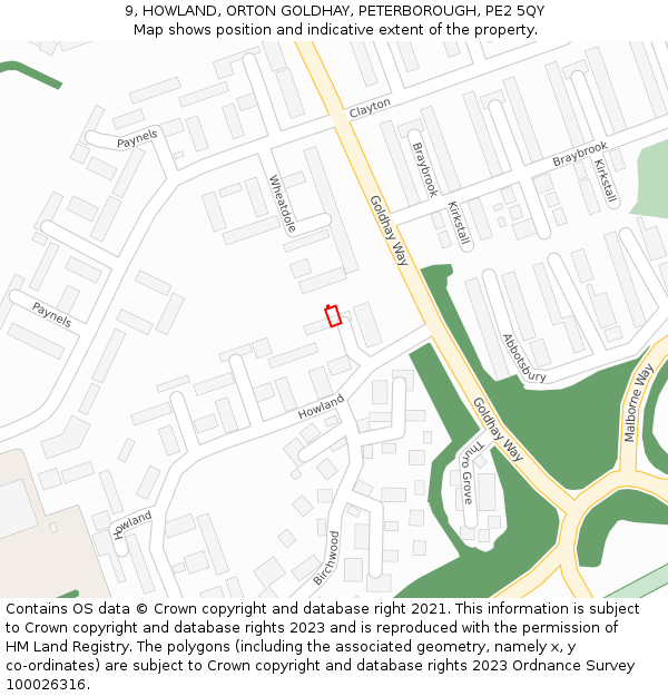 9, HOWLAND, ORTON GOLDHAY, PETERBOROUGH, PE2 5QY: Location map and indicative extent of plot