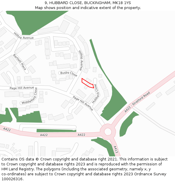 9, HUBBARD CLOSE, BUCKINGHAM, MK18 1YS: Location map and indicative extent of plot