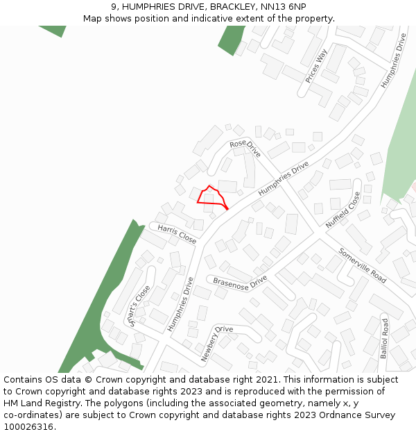 9, HUMPHRIES DRIVE, BRACKLEY, NN13 6NP: Location map and indicative extent of plot