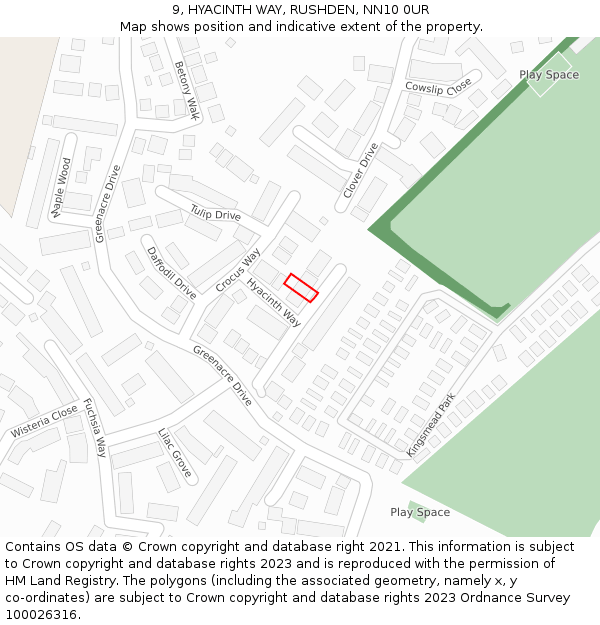 9, HYACINTH WAY, RUSHDEN, NN10 0UR: Location map and indicative extent of plot