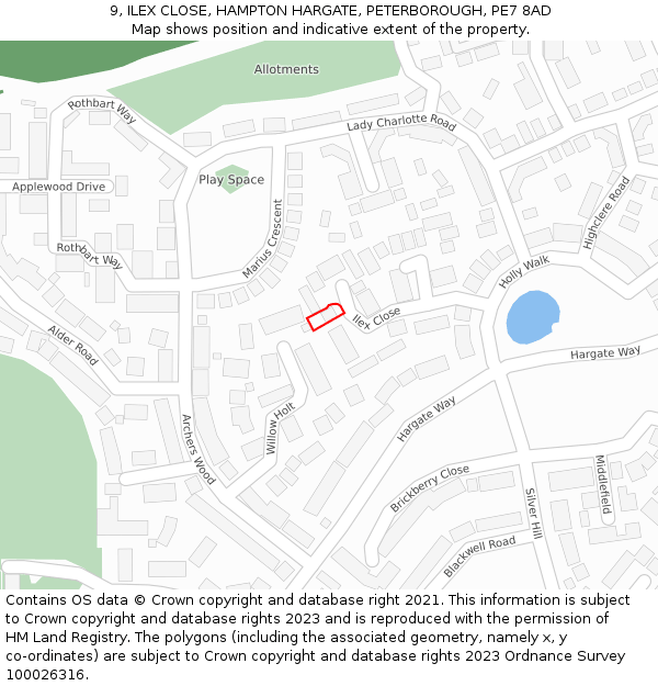 9, ILEX CLOSE, HAMPTON HARGATE, PETERBOROUGH, PE7 8AD: Location map and indicative extent of plot