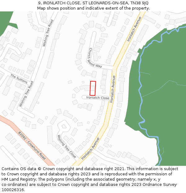 9, IRONLATCH CLOSE, ST LEONARDS-ON-SEA, TN38 9JQ: Location map and indicative extent of plot