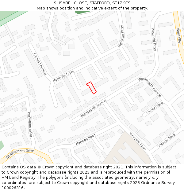 9, ISABEL CLOSE, STAFFORD, ST17 9FS: Location map and indicative extent of plot