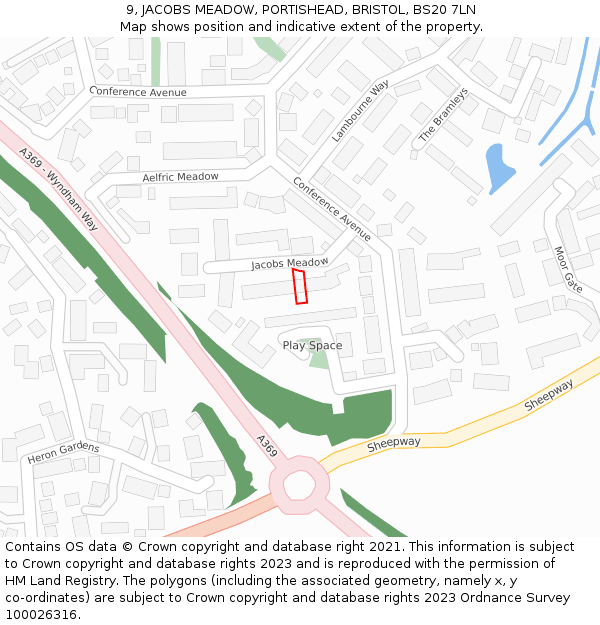 9, JACOBS MEADOW, PORTISHEAD, BRISTOL, BS20 7LN: Location map and indicative extent of plot