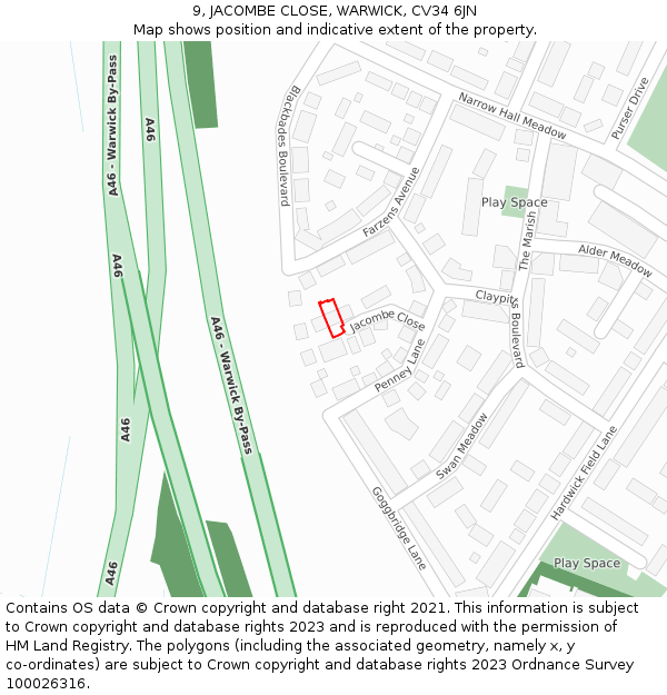 9, JACOMBE CLOSE, WARWICK, CV34 6JN: Location map and indicative extent of plot