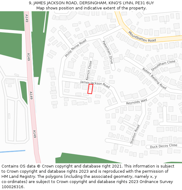 9, JAMES JACKSON ROAD, DERSINGHAM, KING'S LYNN, PE31 6UY: Location map and indicative extent of plot