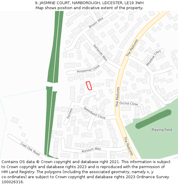 9, JASMINE COURT, NARBOROUGH, LEICESTER, LE19 3WH: Location map and indicative extent of plot