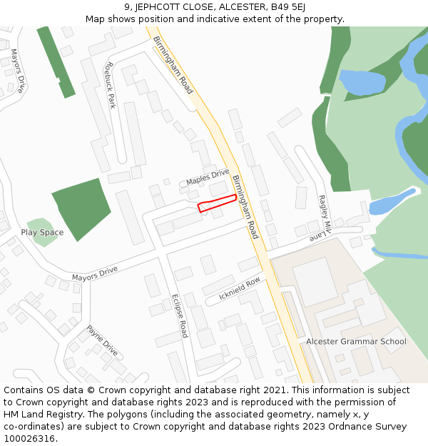 9, JEPHCOTT CLOSE, ALCESTER, B49 5EJ: Location map and indicative extent of plot