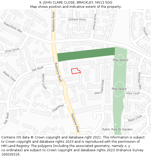 9, JOHN CLARE CLOSE, BRACKLEY, NN13 5GG: Location map and indicative extent of plot