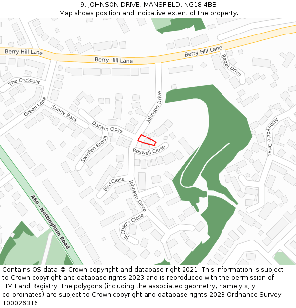9, JOHNSON DRIVE, MANSFIELD, NG18 4BB: Location map and indicative extent of plot