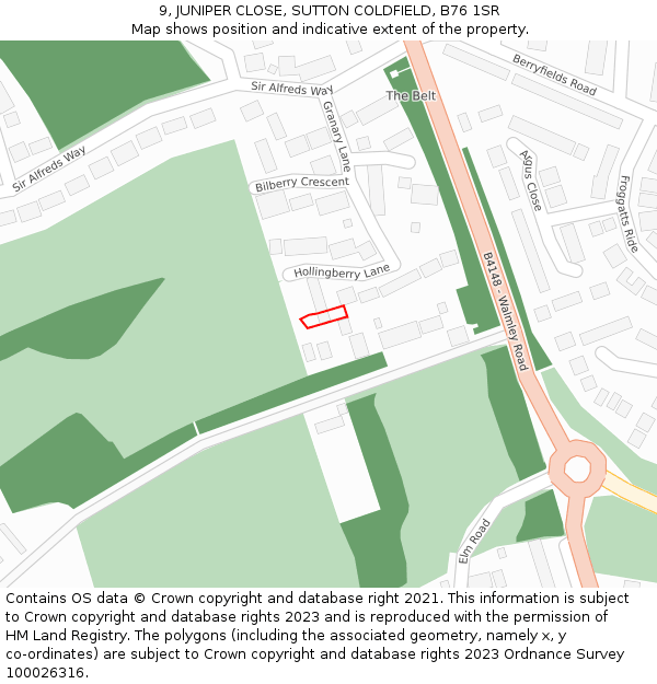 9, JUNIPER CLOSE, SUTTON COLDFIELD, B76 1SR: Location map and indicative extent of plot