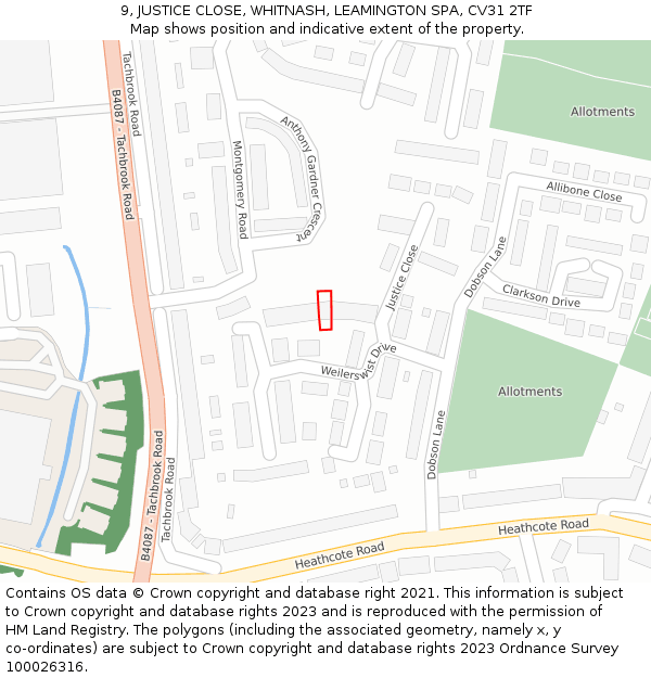 9, JUSTICE CLOSE, WHITNASH, LEAMINGTON SPA, CV31 2TF: Location map and indicative extent of plot