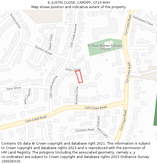9, JUSTIN CLOSE, CARDIFF, CF23 6HH: Location map and indicative extent of plot