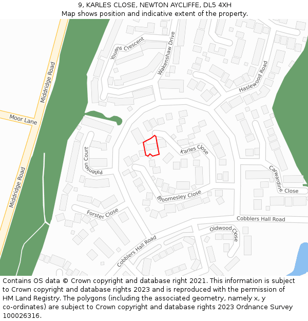 9, KARLES CLOSE, NEWTON AYCLIFFE, DL5 4XH: Location map and indicative extent of plot