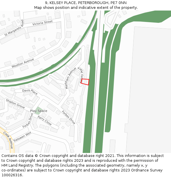 9, KELSEY PLACE, PETERBOROUGH, PE7 0NN: Location map and indicative extent of plot