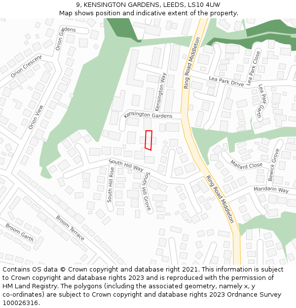 9, KENSINGTON GARDENS, LEEDS, LS10 4UW: Location map and indicative extent of plot