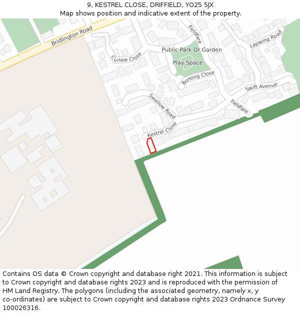 9, KESTREL CLOSE, DRIFFIELD, YO25 5JX: Location map and indicative extent of plot